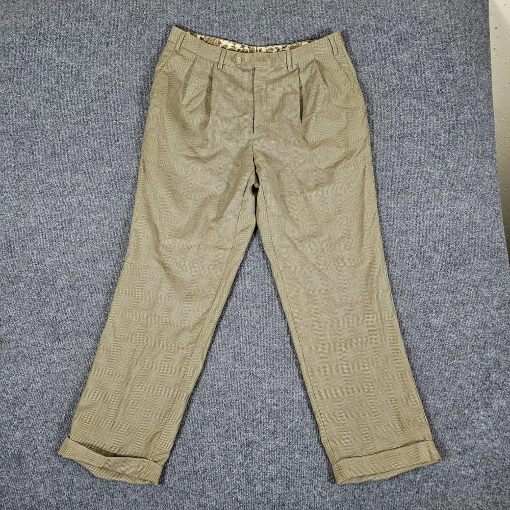 Lauren Ralph Lauren Mens Tan Plaid Wool Pleated Cuffed Trousers 35x30 Act 31x29